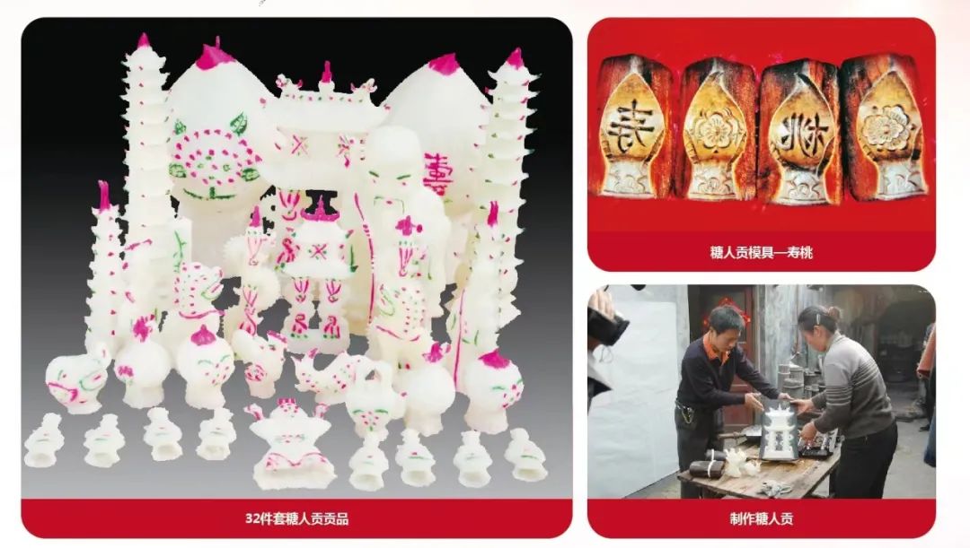 糖人贡在丰县俗称"贡品",以优质白糖为原料,用模具注塑的糖塑艺术品