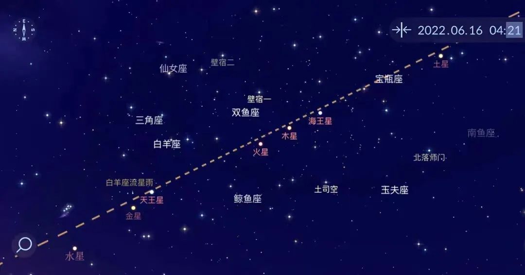 6月16日,在太阳升起前的清晨,朝着东方天空,可以观察到除地球外的七大