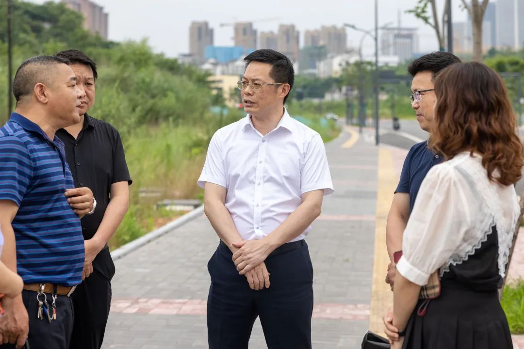 在中南一路与桔乡路交汇处,谭志军现场查看周边地块及环境,详细了解