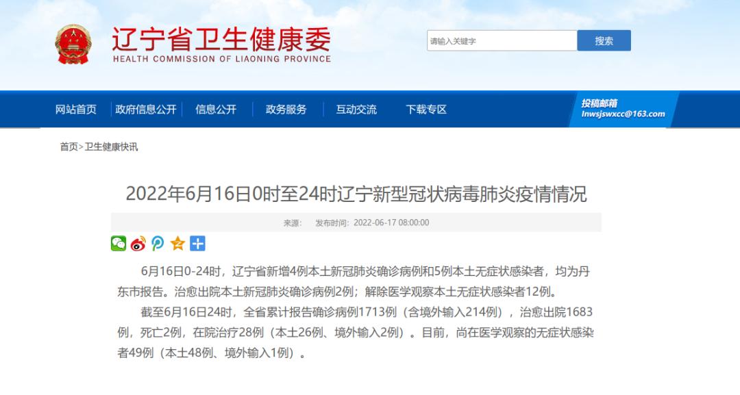 2022年6月16日0时至24时辽宁新型冠状病毒肺炎疫情情况