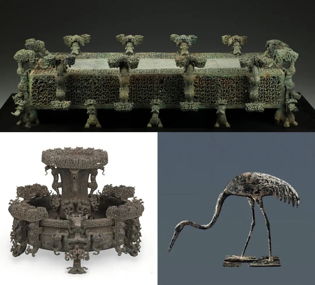 失蜡法制作的云纹铜禁,曾侯乙尊盘,青铜水禽