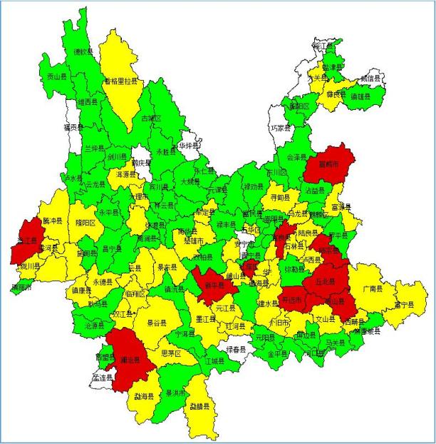 其中宜良縣,紅塔區,新平縣,丘北縣,硯山縣,瀾滄縣,宣威市,師宗縣,盈江