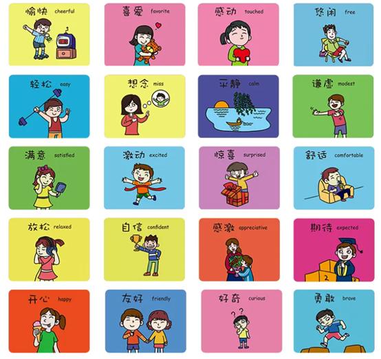 2,家长可以制作情绪卡片,写上情绪词语,画上情绪的表情,如在一张小