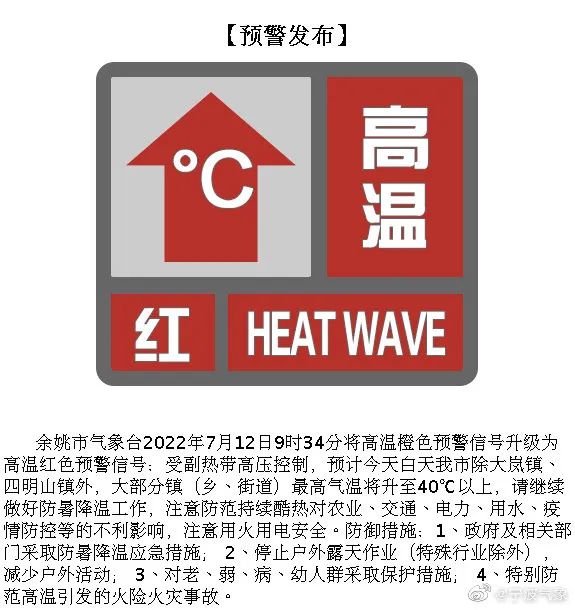 宁波两地发布高温红色预警