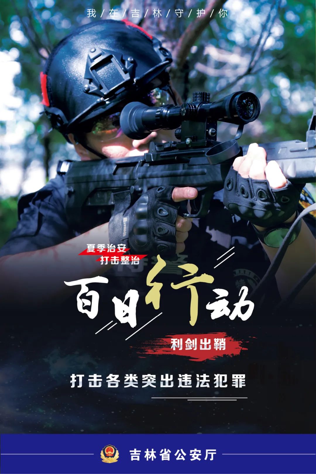海报夏季治安打击整治百日行动我在吉林守护你
