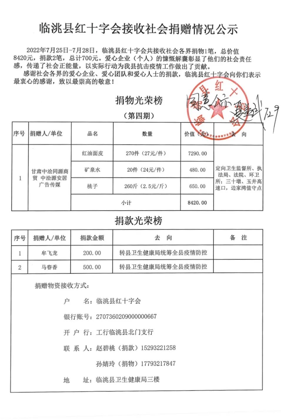 临洮县红十字会接收社会捐赠情况公示