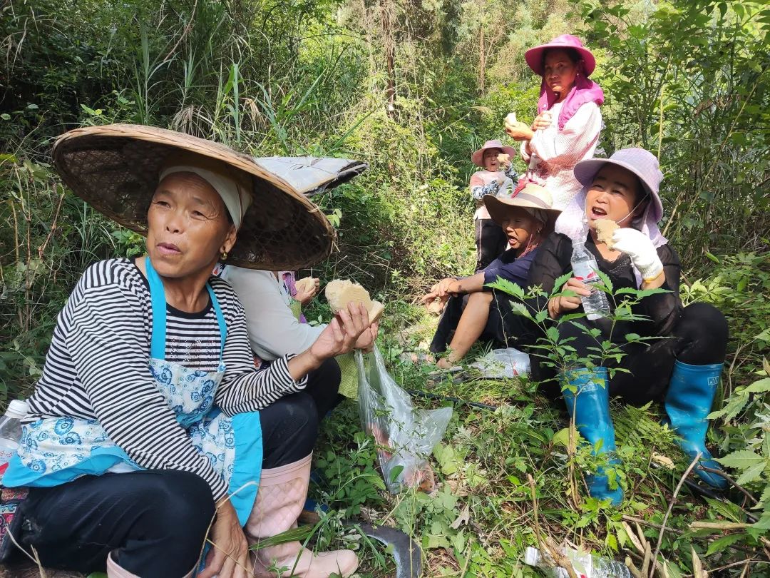 妇女同志在现场吃早餐由村宣传员吴夏莲带领的妇女,老人和小孩小队