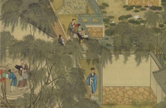 （清） 佚名 《十二月月令轴》局部 台北故宫博物院藏 画中正中间的童子即在晒书