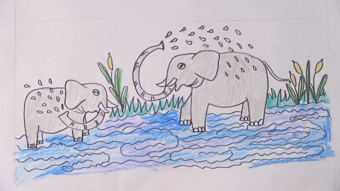 大象戏水简笔画彩色图片
