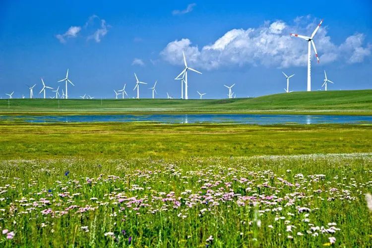 辉腾锡勒草原上一排排迎风旋转的大风车