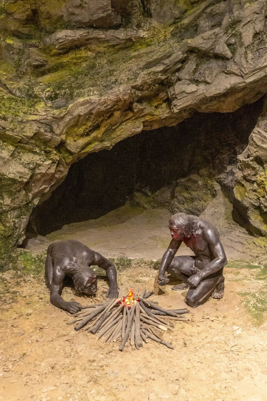 ▼(馆内还原的"北京人"用火场景,周口店遗址内发现了大量的用火遗迹