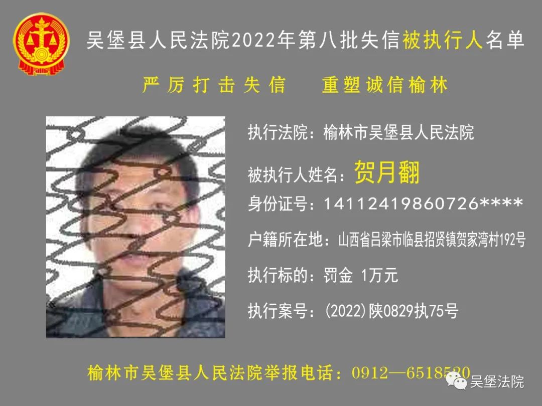 吴堡县人民法院2022年第八批失信被执行人名单公布