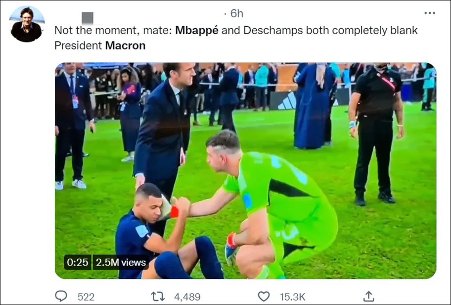 ta:姆巴佩射丢点球后情绪低落 赛后未感谢球迷_世界杯决赛姆巴佩点球大战法国输球梅西夺冠马克龙安慰姆巴佩姆巴佩拒绝马克龙安慰姆巴佩金靴奖马克龙多次安慰姆巴佩