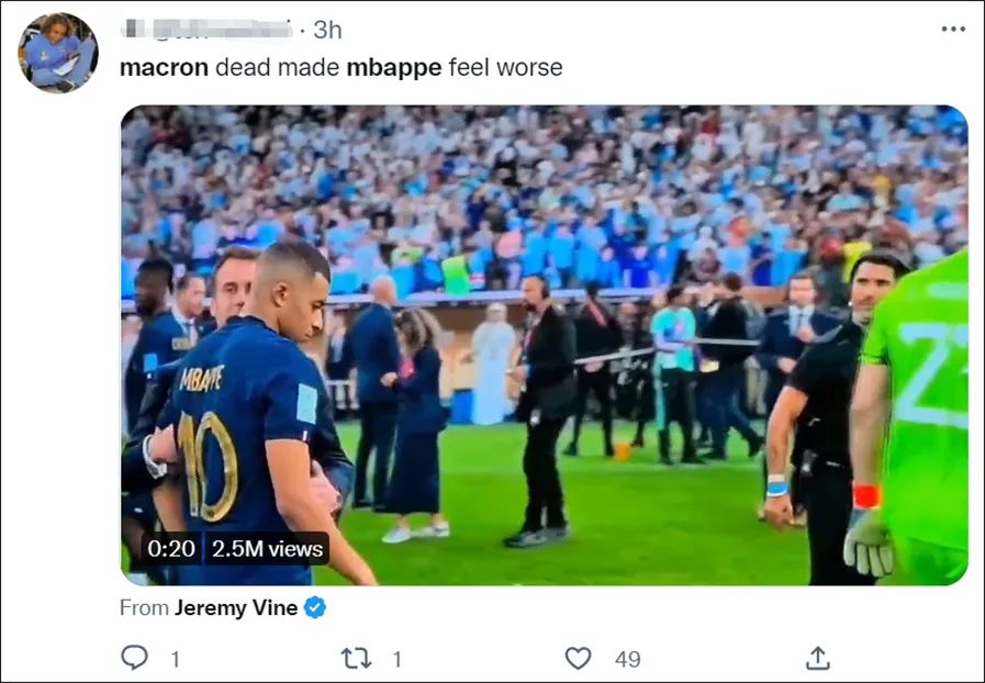 世界杯决赛姆巴佩点球大战法国输球梅西夺冠马克龙安慰姆巴佩姆巴佩拒绝马克龙安慰姆巴佩金靴奖马克龙多次安慰姆巴佩_ta:姆巴佩射丢点球后情绪低落 赛后未感谢球迷