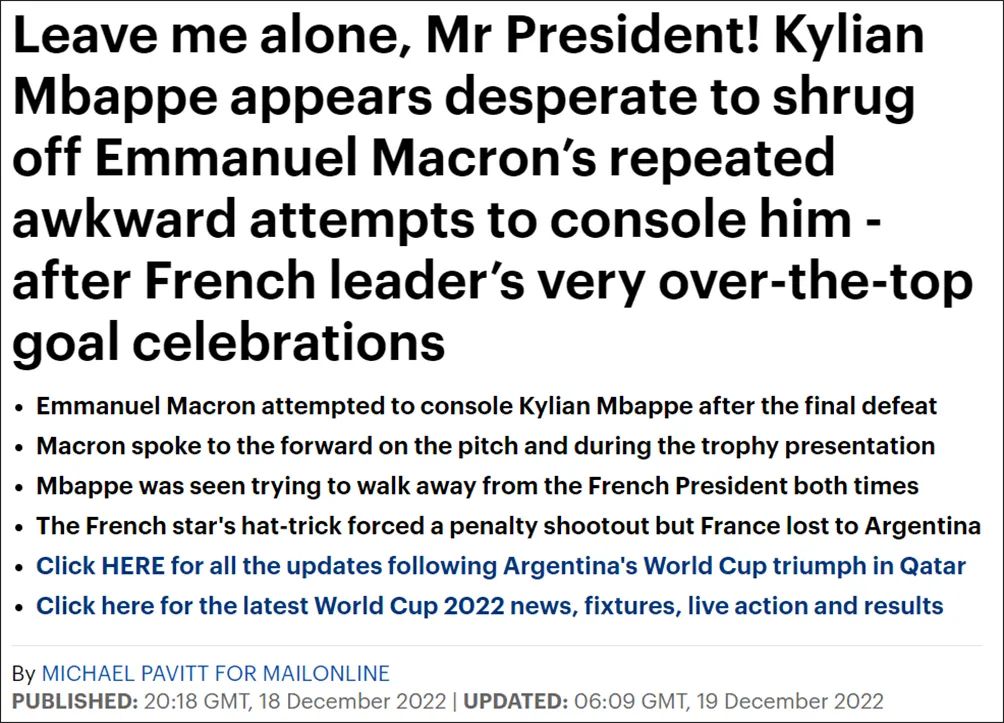 世界杯决赛姆巴佩点球大战法国输球梅西夺冠马克龙安慰姆巴佩姆巴佩拒绝马克龙安慰姆巴佩金靴奖马克龙多次安慰姆巴佩_ta:姆巴佩射丢点球后情绪低落 赛后未感谢球迷