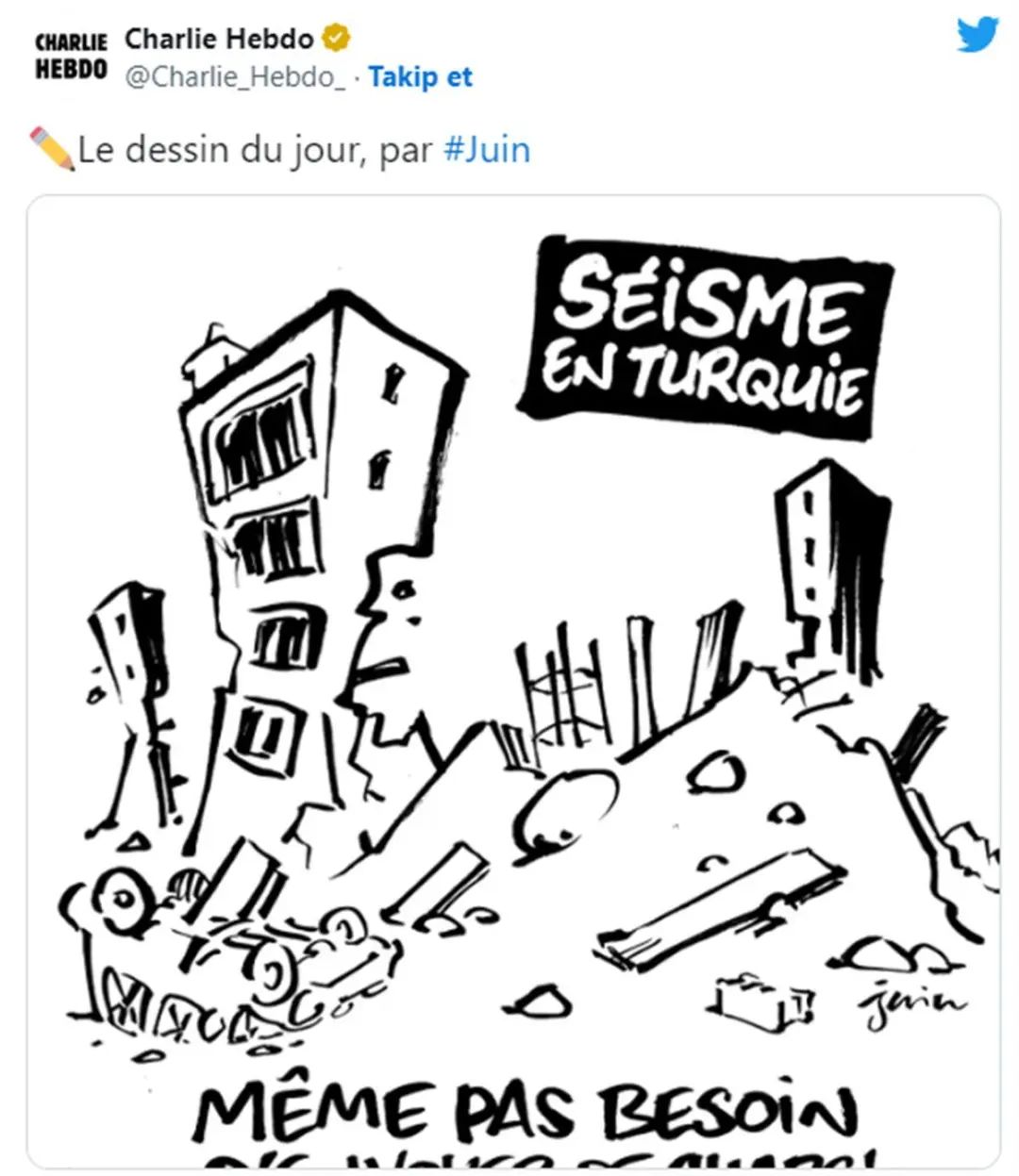 报道,《查理周刊》上刊登了一则漫画,画中描绘了倒塌的废墟建筑,上面