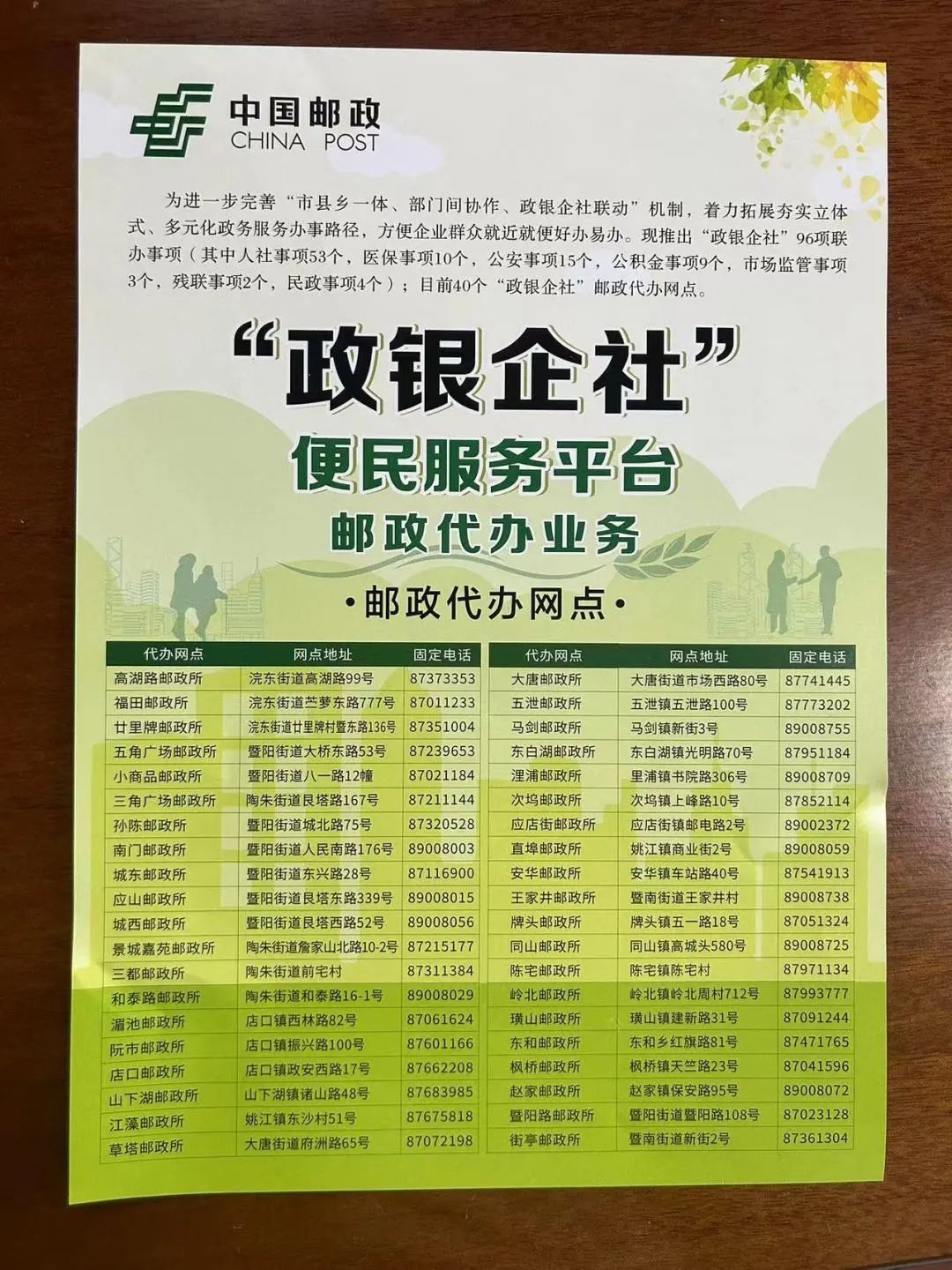 市分公司,浙江诸暨农村商业银行股份有限公司在全市的40个邮政网点,73