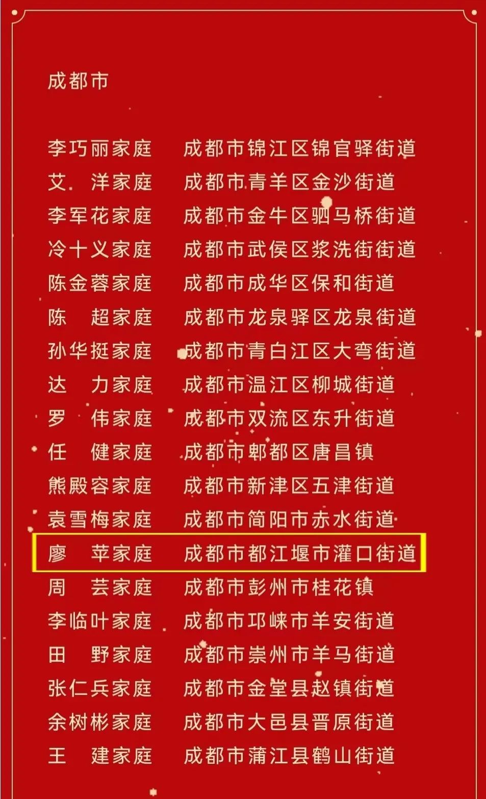 四川省婦聯授予都江堰市公安局治安大隊 廖蘋家庭