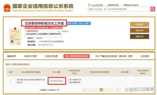 蔡徐坤工作室被列入经营异常名录_工商列入经营异常_列入经营异常怎么注销
