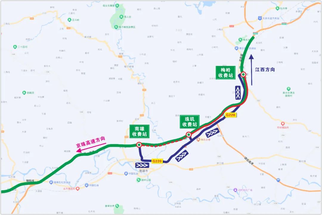 管制时段需从梅岭站驶出高速,绕行国道g220行驶,再从珠玑站驶入高速