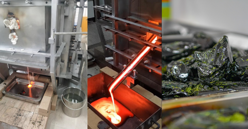 左:电熔炉设备;中:试制过程;右:固化成品.受访者供图