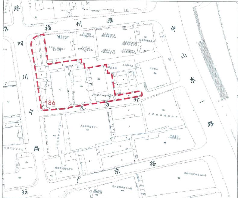黃浦區186街坊(一期)房屋徵收範圍:東至盤古銀行,南至元芳弄,西至四川