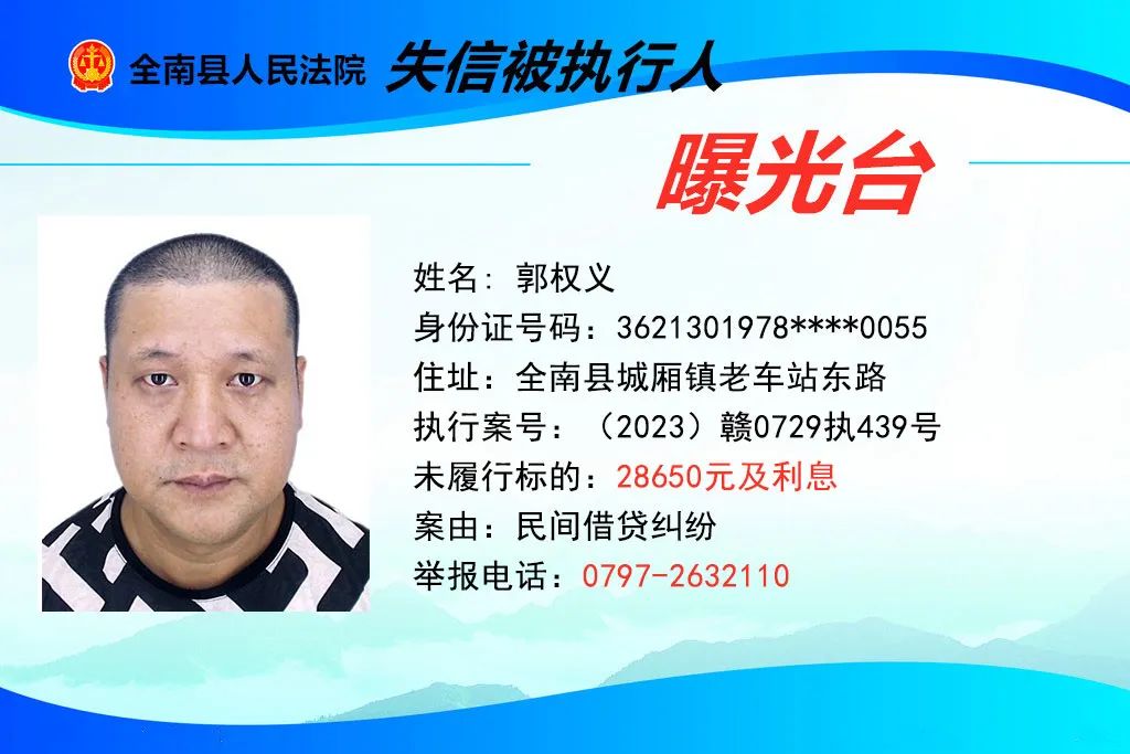 失信被执行人名单2023年12月27日全南县人民法院执行举报电话:0797