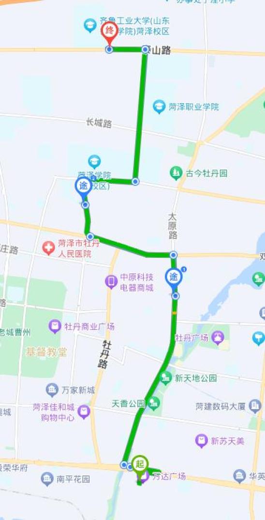 上行:萬達廣場—育才路—長江路—太原路—黃河路—青年路—大學路