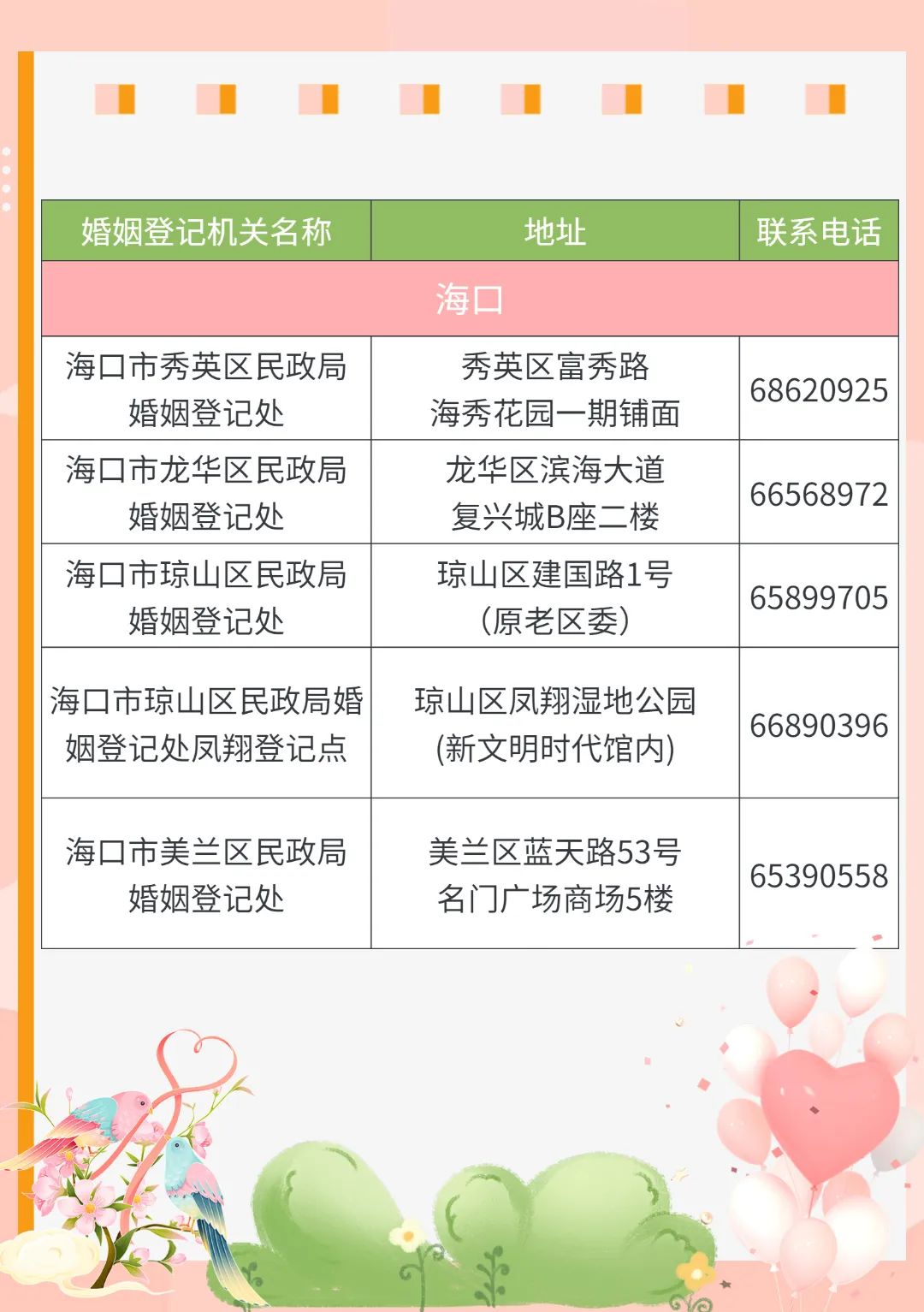 最新最全海南各市县婚姻登记点