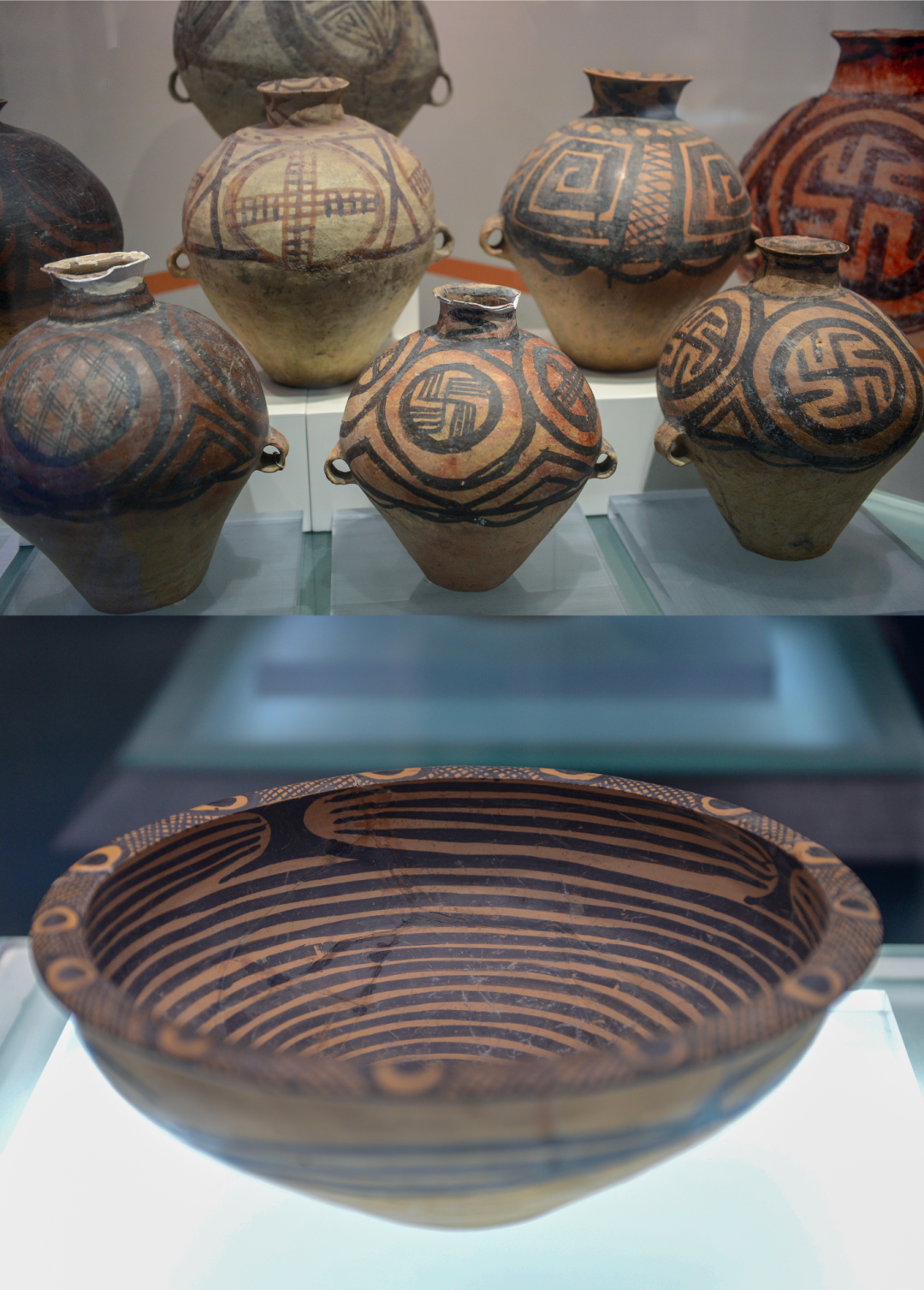 展览包含了变形鱼纹彩陶盆,漩涡纹彩陶壶,蛙纹彩陶壶等彩陶文物.