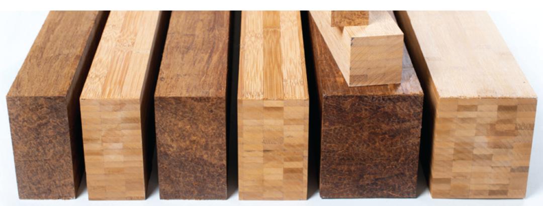 由竹集成材(黄色)和重组竹(褐色)制成的工程竹材.