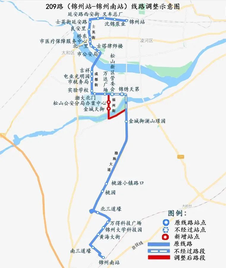 南广路,光彩立交桥至渤海大道返回原线路,不经过松山新区管委会和锦绣