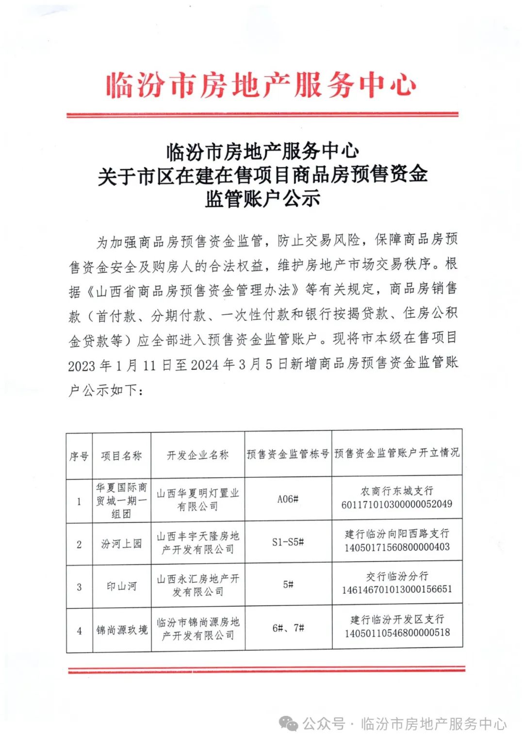 资金监管账户公示临汾市房地产服务中心轻触阅读原文临汾市房地产服务
