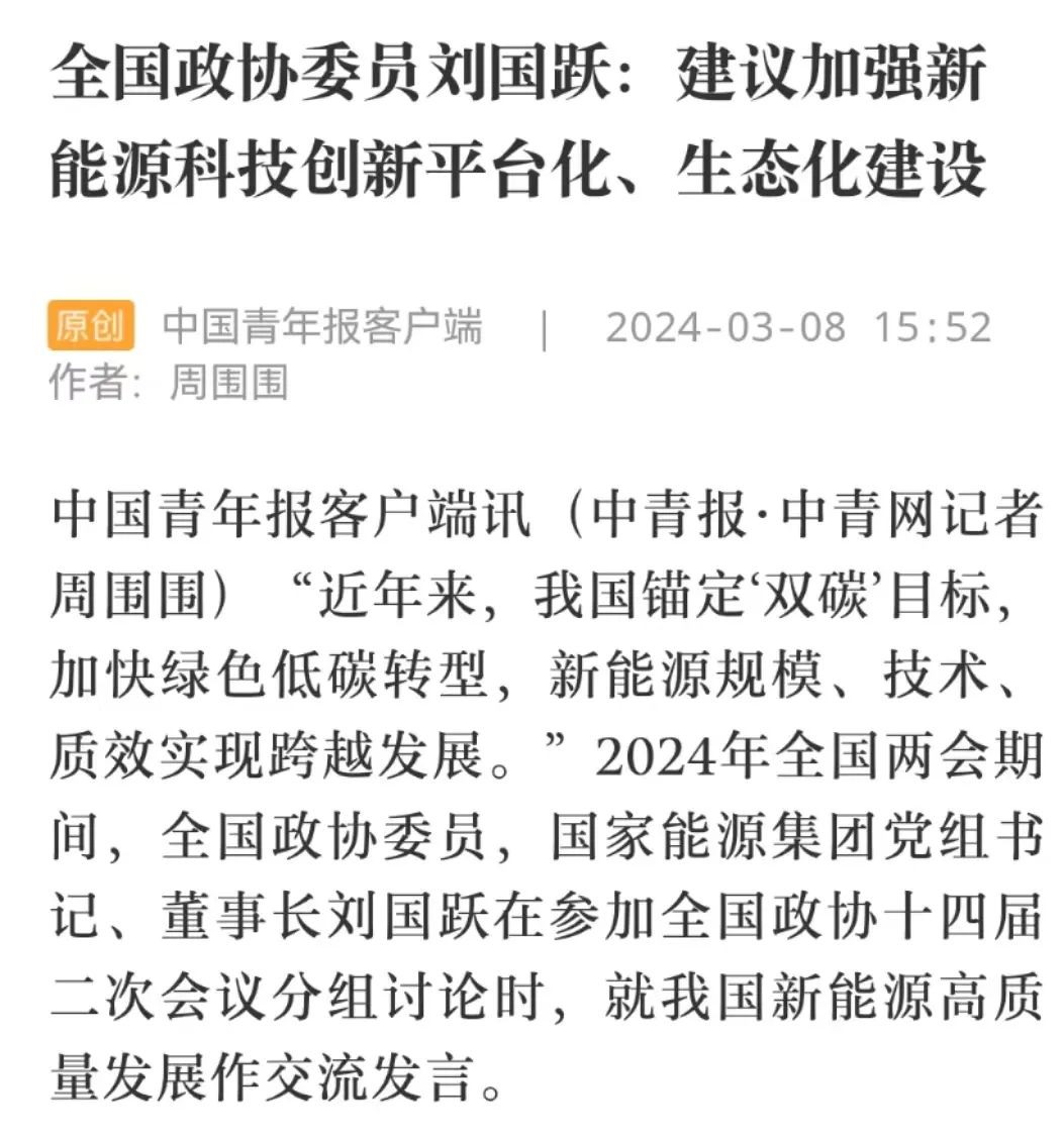 中国青年报 | 全国政协委员刘国跃:建议加强新能源科