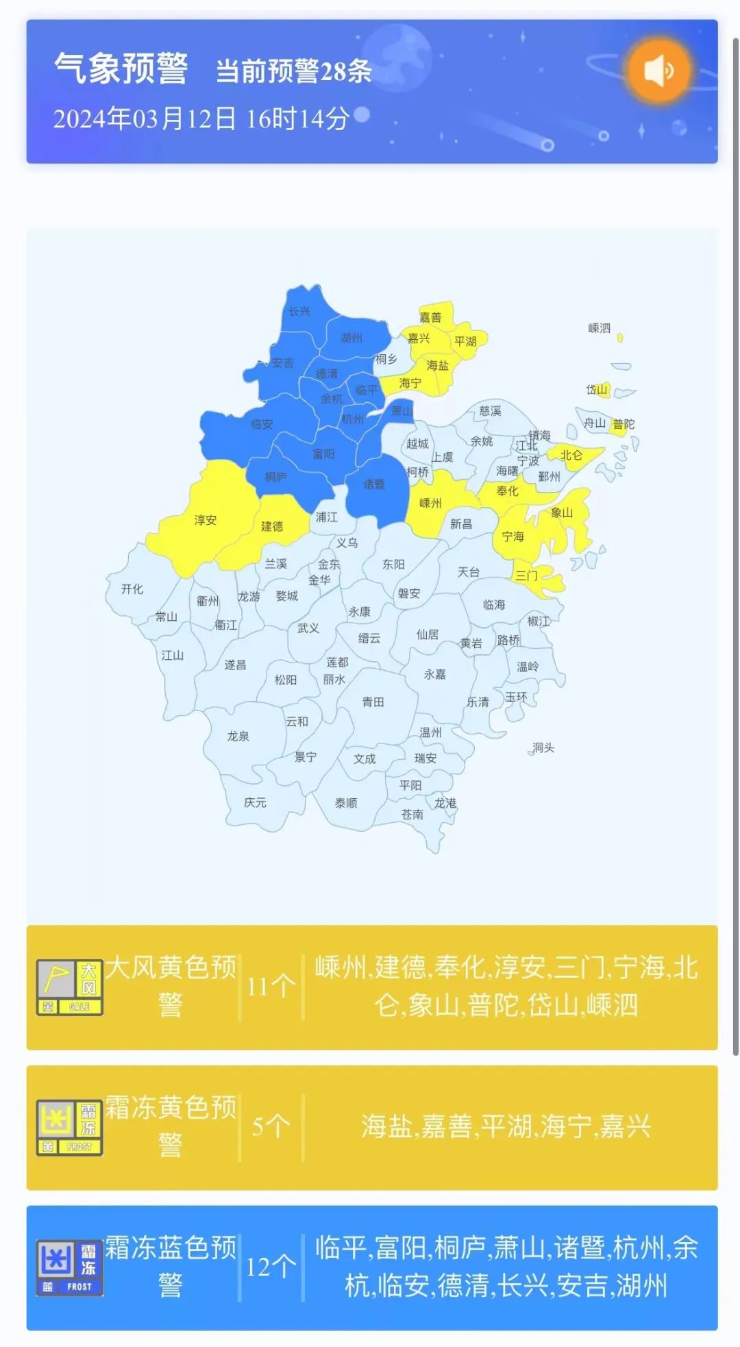 一股新的冷空气影响,今天夜里浙北地区,沿海和高海拔山区仍有大风天气