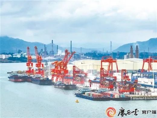 3月11日,在来宾港武宣港龙从作业区,多艘货船在紧张有序地装卸货物.