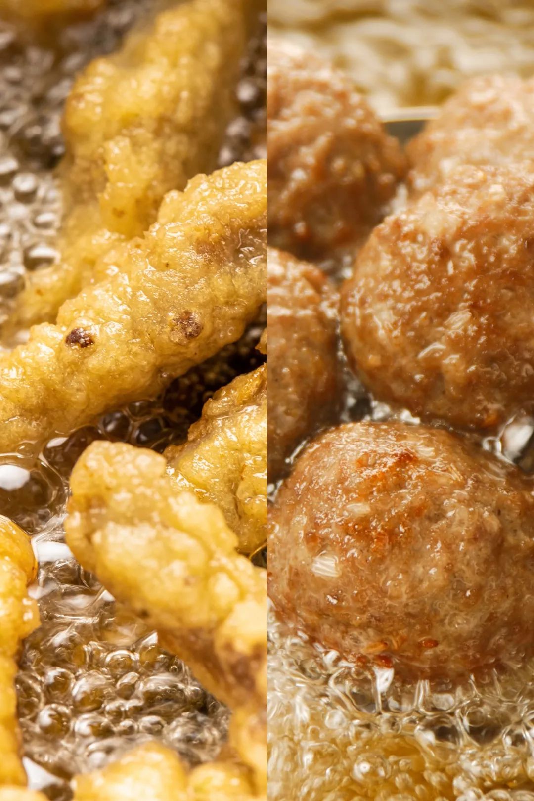 新鲜的牛肉切馅,加入洋芋淀粉和各式调味,汆成一颗颗肉丸进入热油之中