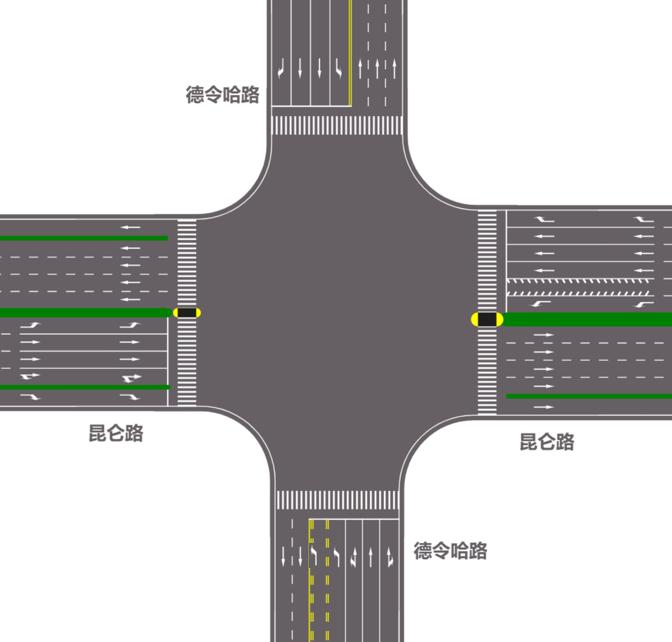 昆仑东路与德令哈路交叉口交通组织现状示意图 ↓昆仑东路与德令哈路