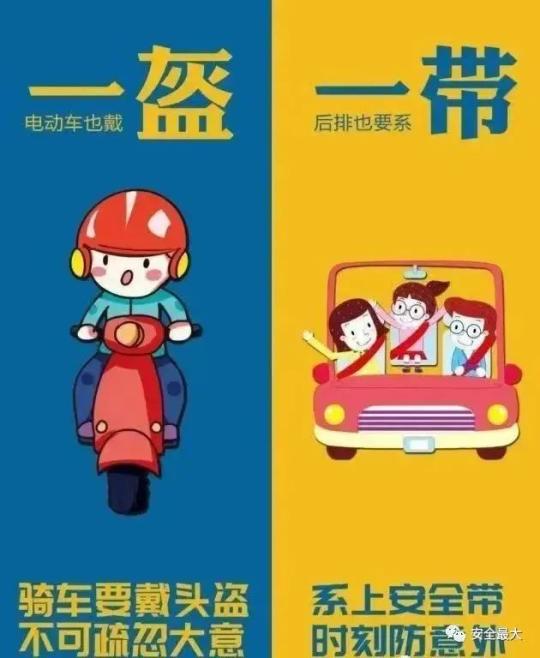 "安全最大"温馨提醒学生和家长朋友们出行请戴好安全头盔,系好安全带