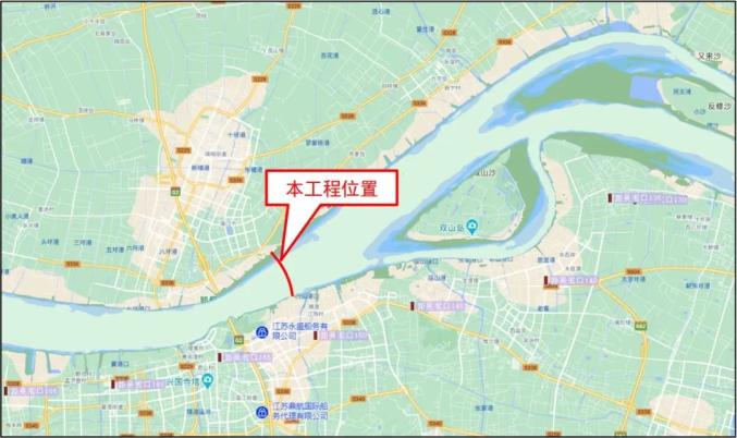 长江南岸位于江阴中粮麦芽码头上端,长江北岸位于靖江小桥港下游约800