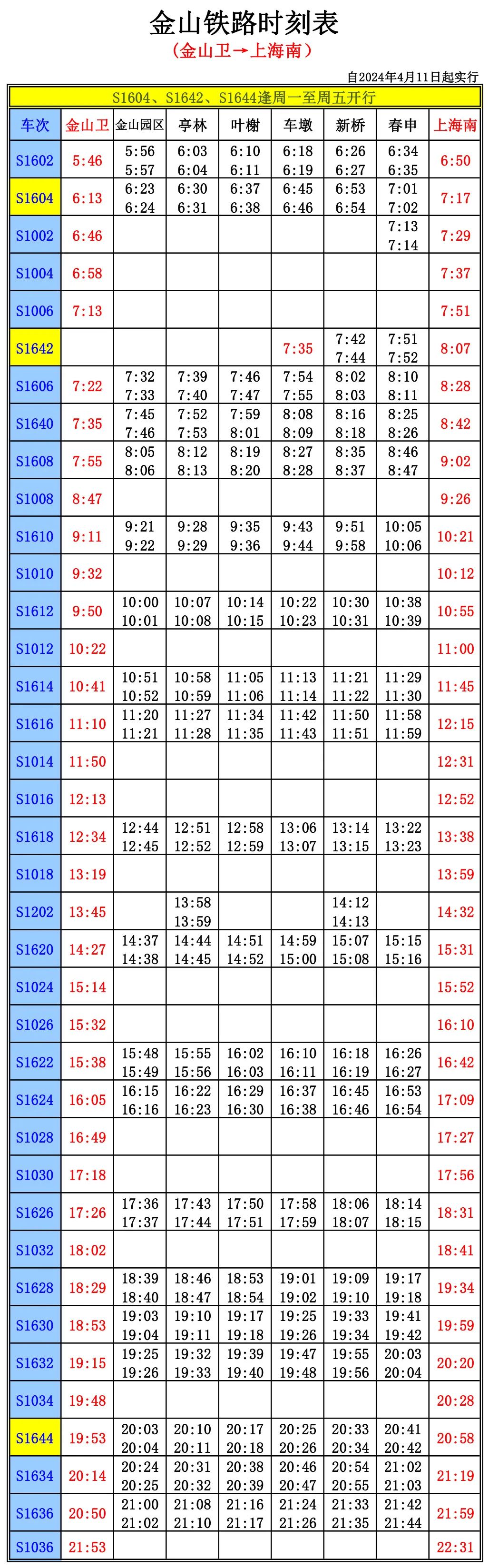 【提示】金山铁路"4.11"调图,最新时刻表