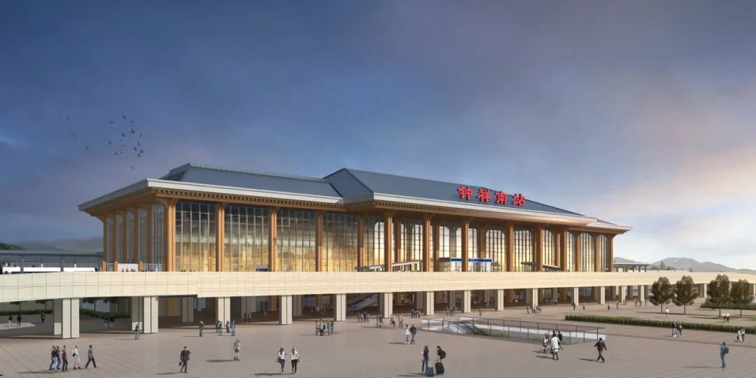 钟祥南站站房设计理念以"生态京山,观鸟天堂"为主题,立面形成三层流畅