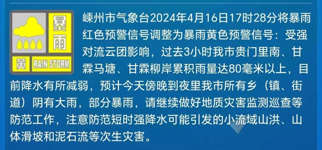 目前,嵊州市气象台已将暴雨红色预警信号调整为暴雨黄色预警信号:受强