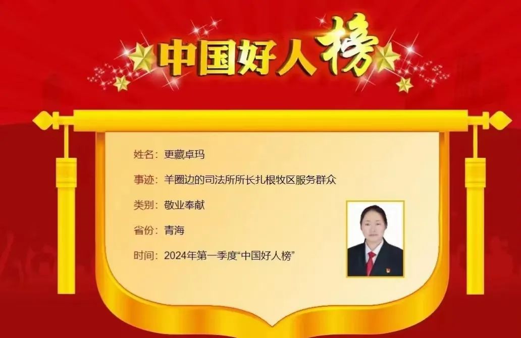 青海海南兴海-更藏卓玛荣登2024年第一季度"中国好人榜"