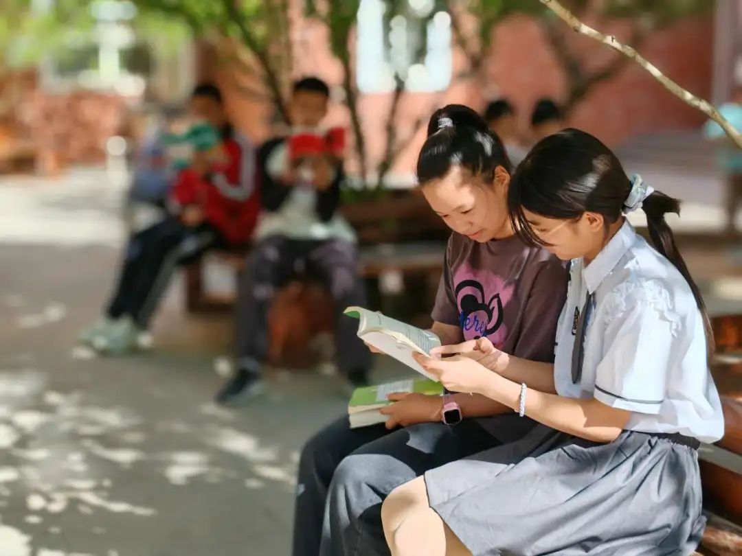石家庄市金地小学学生在树荫下进行阅读,分享读书体会.