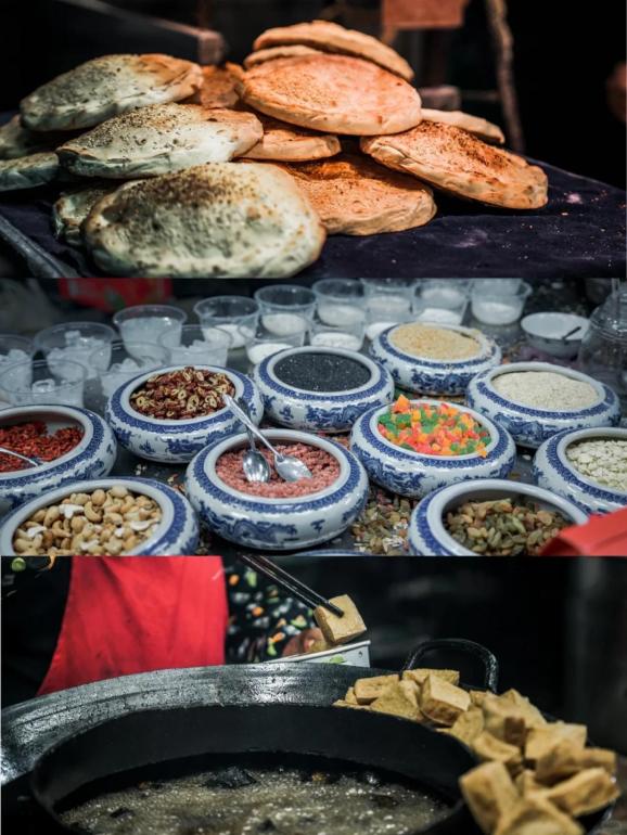 的时候,灯光亮起,一口爆汁的灌汤包,一口杏仁茶,还有烧鸡,烫面角,壮馍