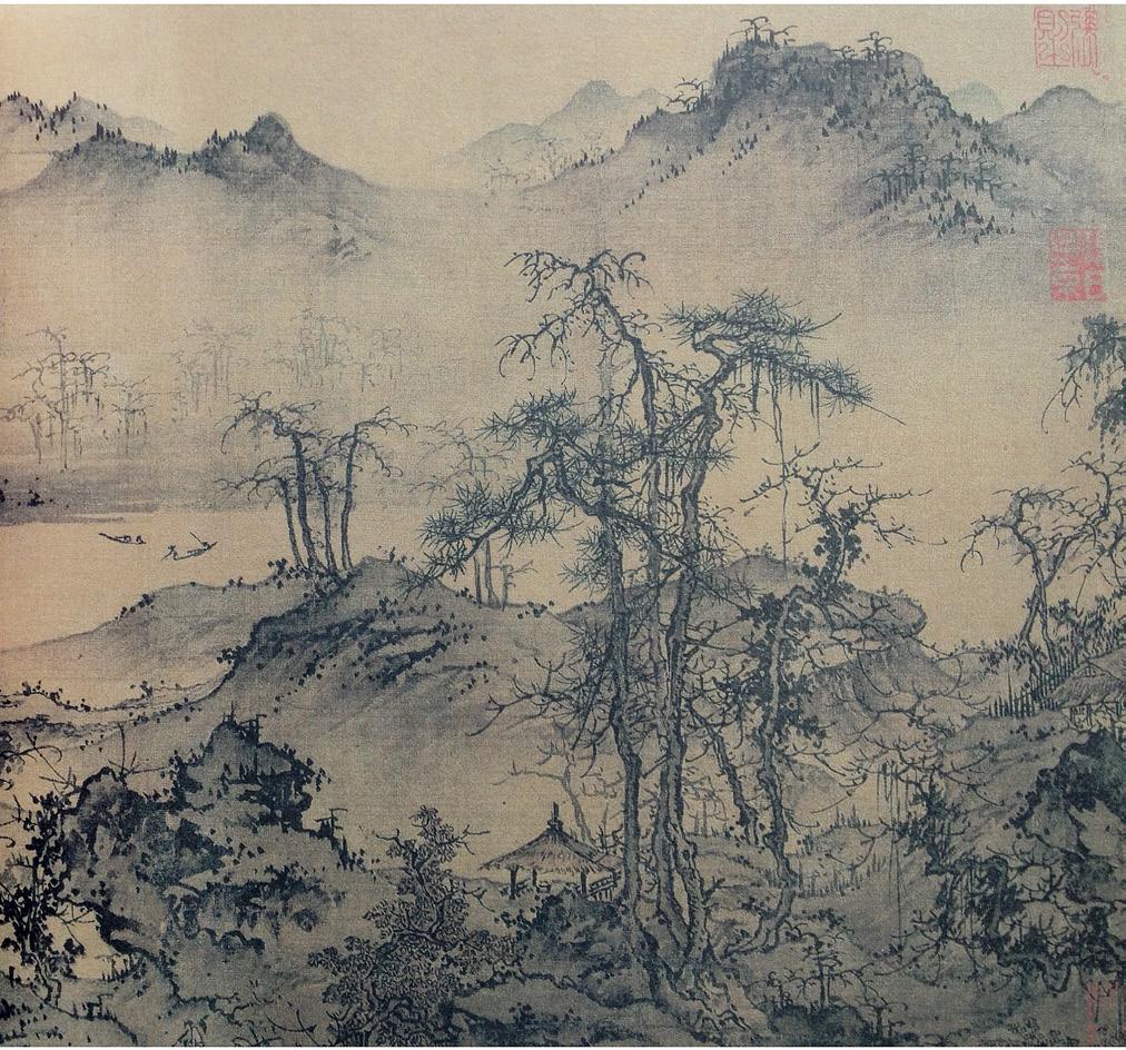 元人《林亭秋色图》第三种,三段式平远,即前景中景远景三段分开,由下