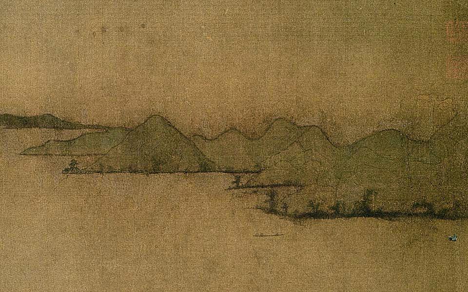 高山靠边侧身而立,斜伸到空间中,另一边则留出江河平远或者深邃的峡谷