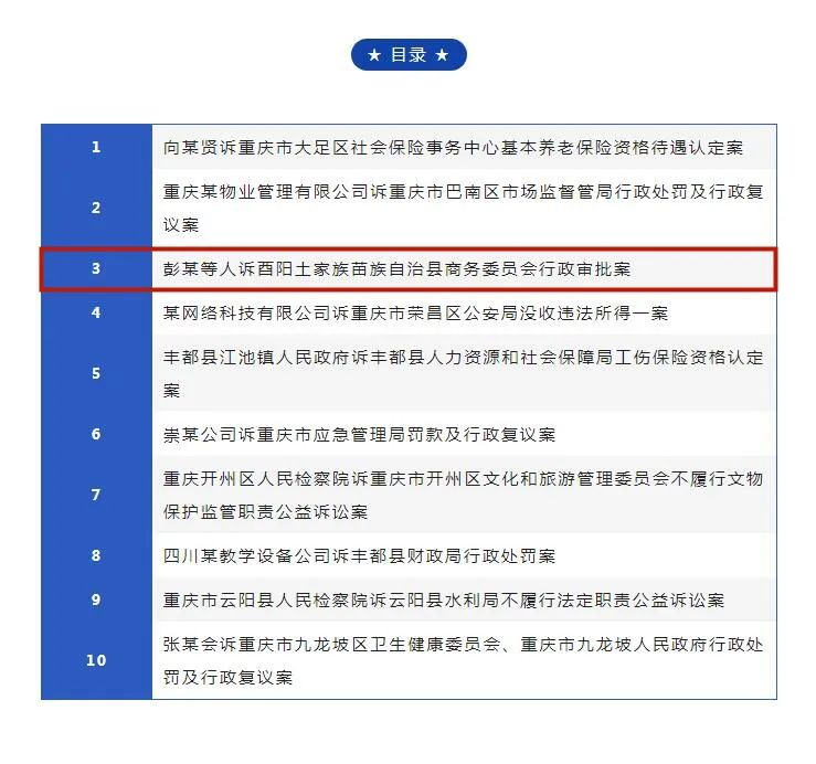 酉阳法院一案例入选重庆法院2023年行政诉讼典型案例