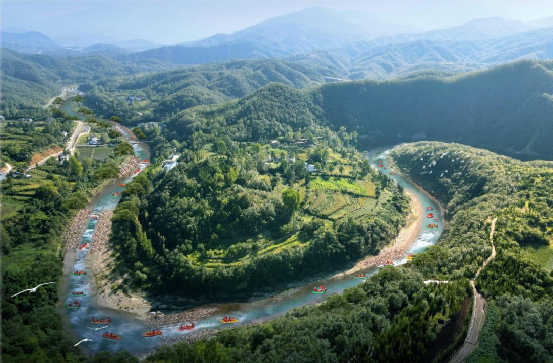 近日,在老君山大峡谷漂流项目建设现场,工人们正忙着进行游客中心广场